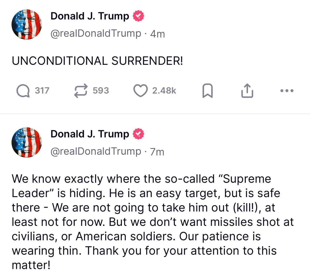 Трамп заявив, що Іран має капітулювати Трамп заявив, що Іран має капітулювати