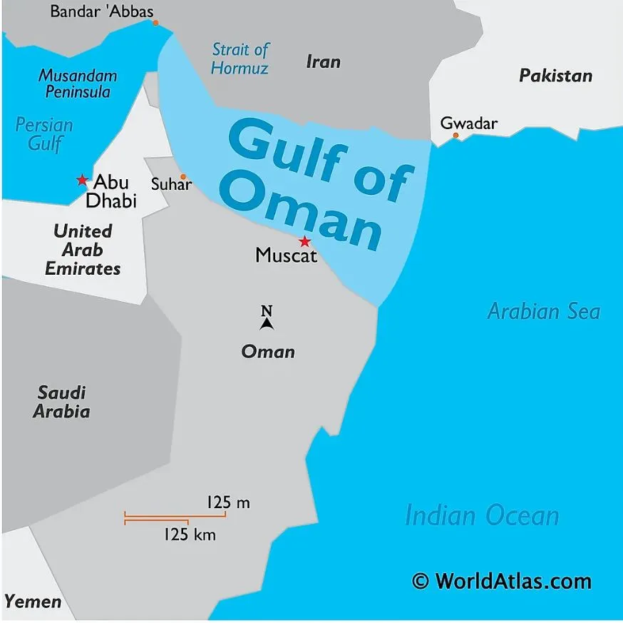Оманська затока та Ормузька протока на карті світу Оманська затока та Ормузька протока на карті світу
