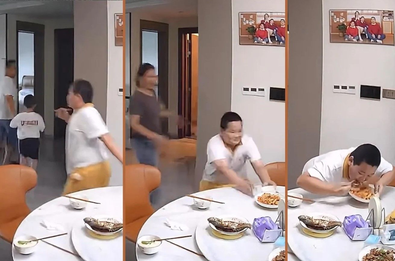 Мальчик выбежал из укрытия во время землетрясения, чтобы доесть свой обед Мальчик выбежал из укрытия во время землетрясения, чтобы доесть свой обед