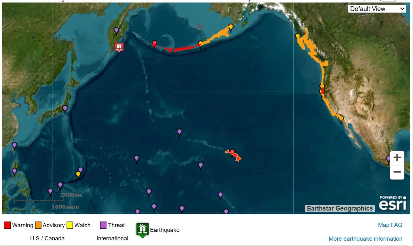 де є загроза цунамі 30.07.2025 - карта де є загроза цунамі 30.07.2025 - карта