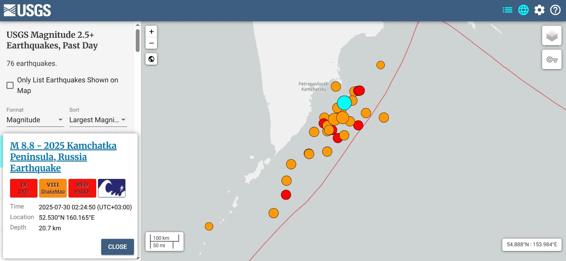 землетрус 30.07.2025 біля берегів Камчатки - карта землетрус 30.07.2025 біля берегів Камчатки - карта