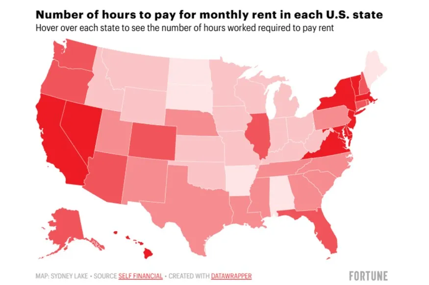 Количество часов труда, необходимых для покрытия ежемесячной арендной платы в каждом штате Количество часов труда, необходимых для покрытия ежемесячной арендной платы в каждом штате