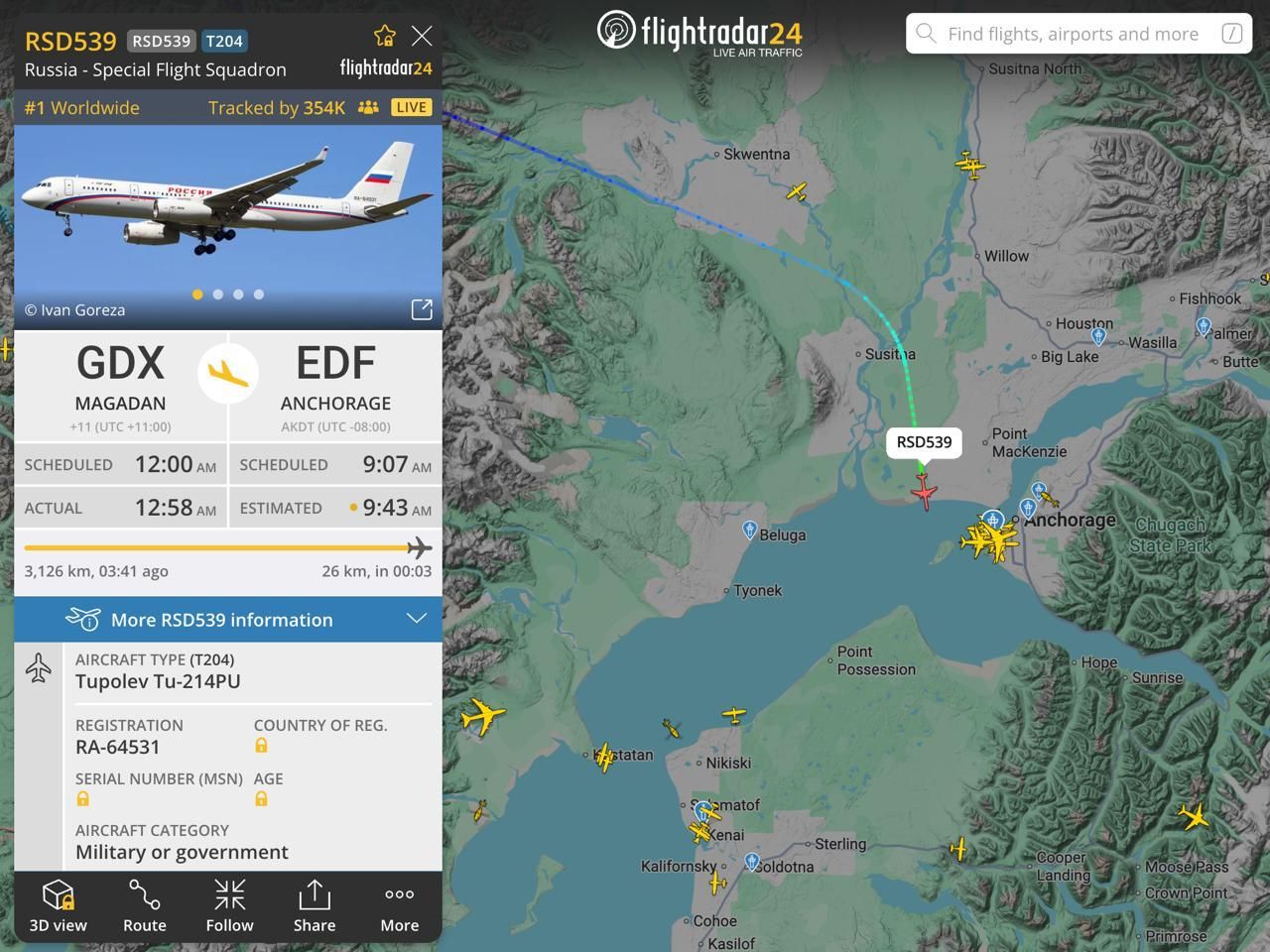 Літак Путіна прибуває в Анкоридж, Аляска - дані Флайтрадара Літак Путіна прибуває в Анкоридж, Аляска - дані Флайтрадара