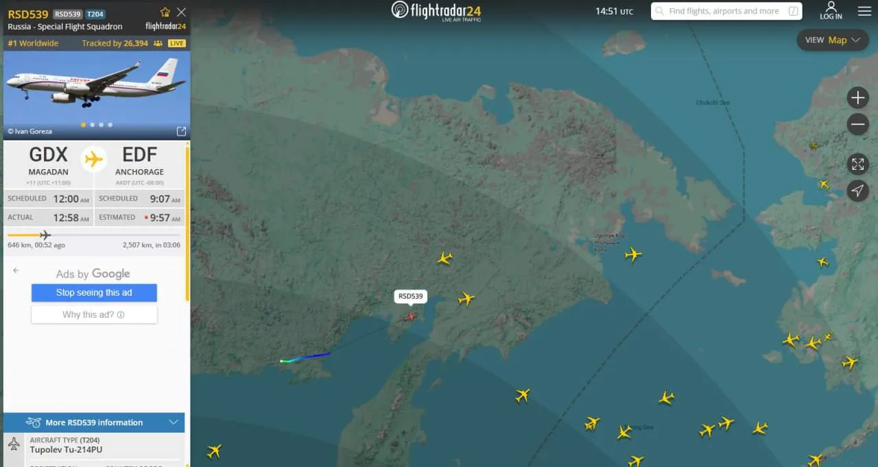 Путін полетів на Аляску увечері 15 серпня 2025