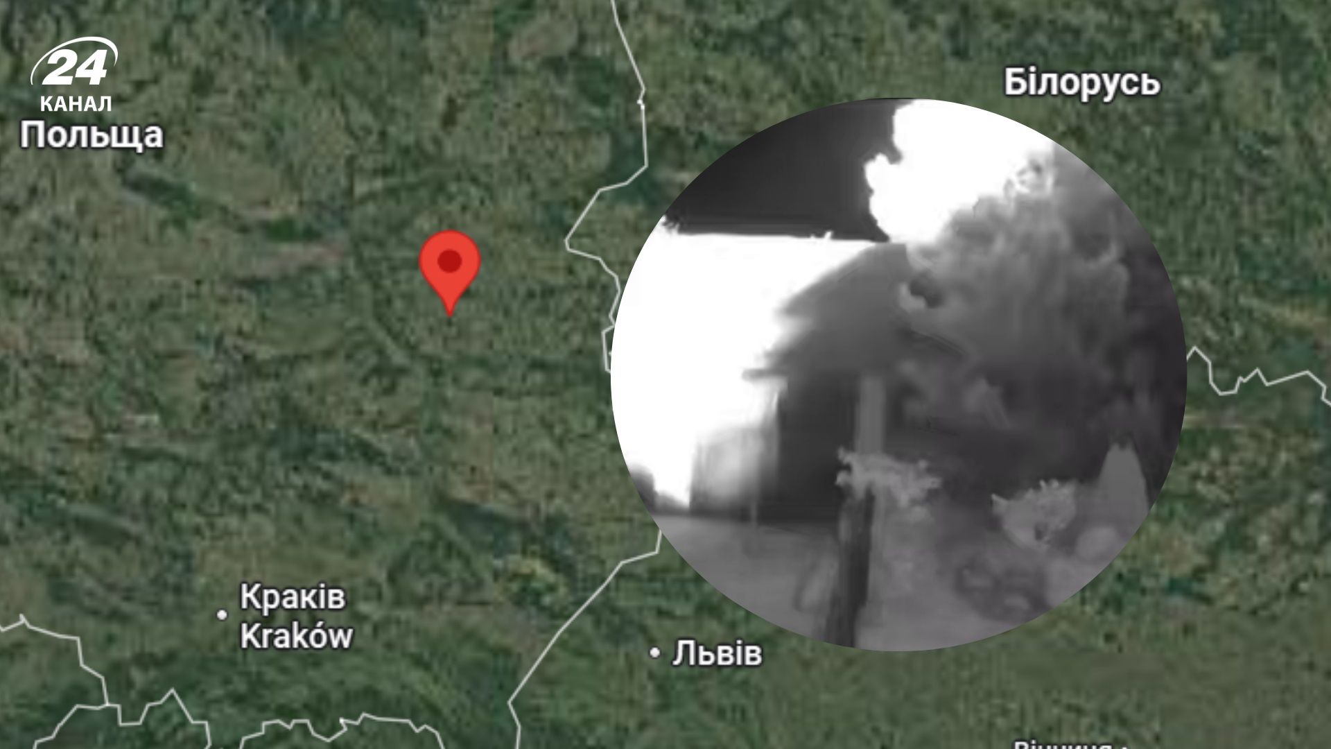 Вибух біля Варшави 20 серпня 2025 - карта, яка відстань від Варшави до України