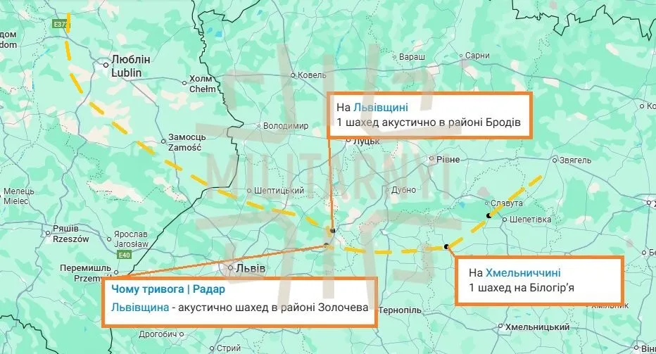 Маршрут, которым российский дрон мог залететь в Польшу Маршрут, которым российский дрон мог залететь в Польшу