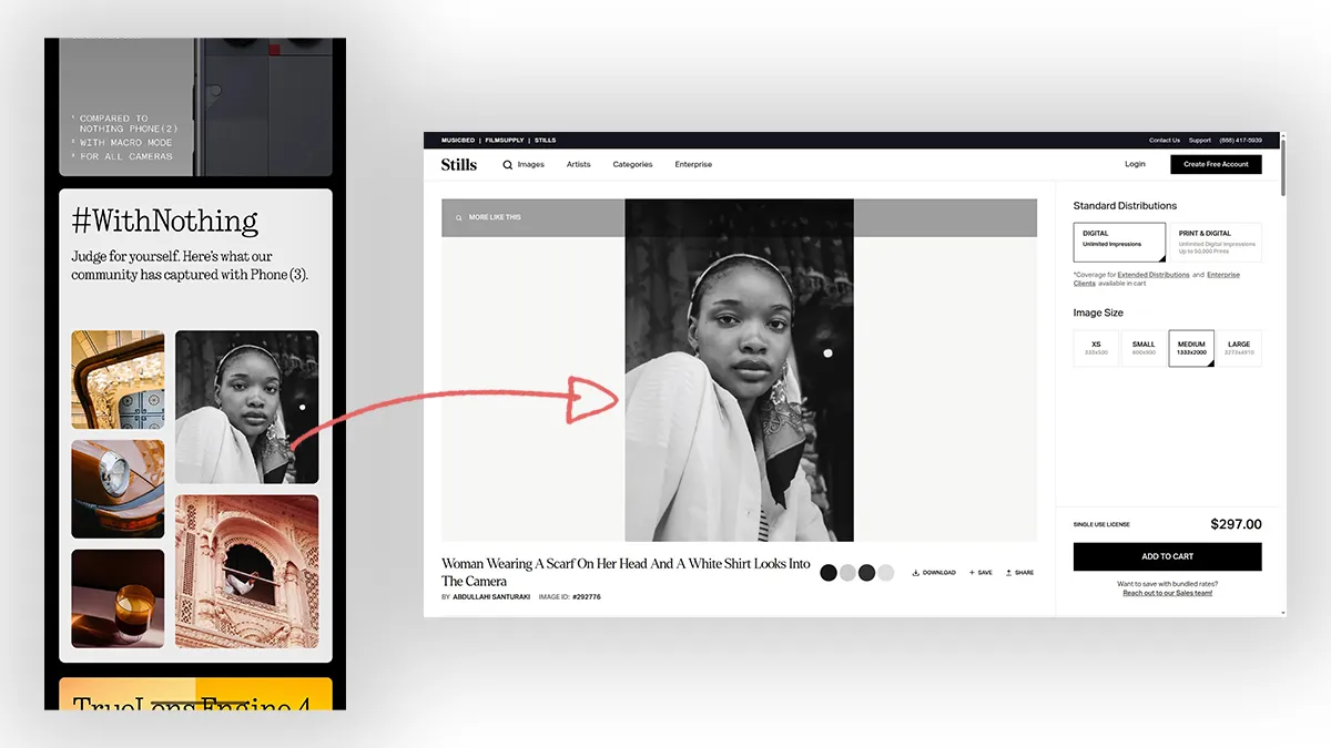 Слева – скриншот из приложения Nothing, который якобы показывает фотографии, сделанные на камеру Phone (3). Справа – оригинальное фото с фотостока Stills