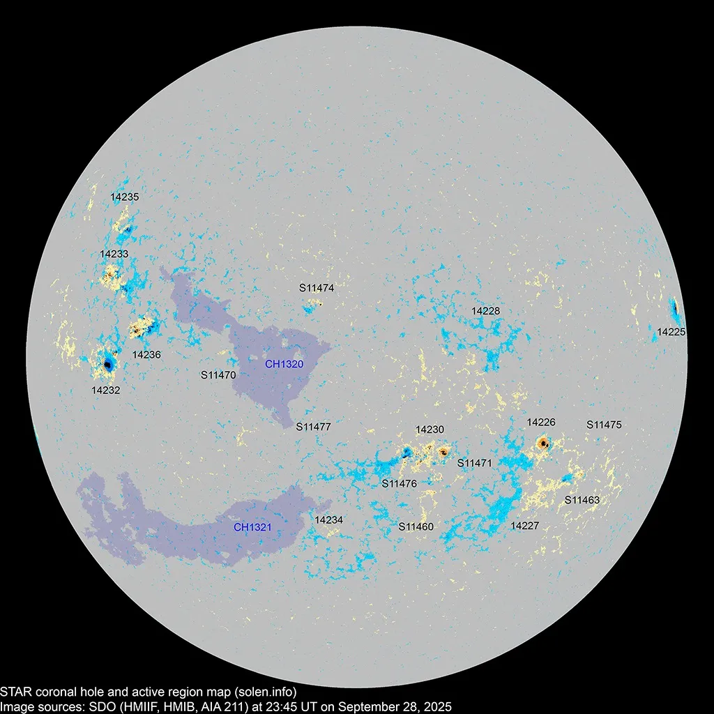 Карта солнечных пятен и корональных дыр по состоянию на 29 сентября 2025 года Карта солнечных пятен и корональных дыр по состоянию на 29 сентября 2025 года