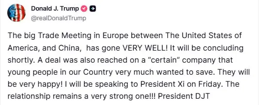 Трамп назвал переговоры «очень хорошими» / Truth Social Трамп назвал переговоры «очень хорошими» / Truth Social