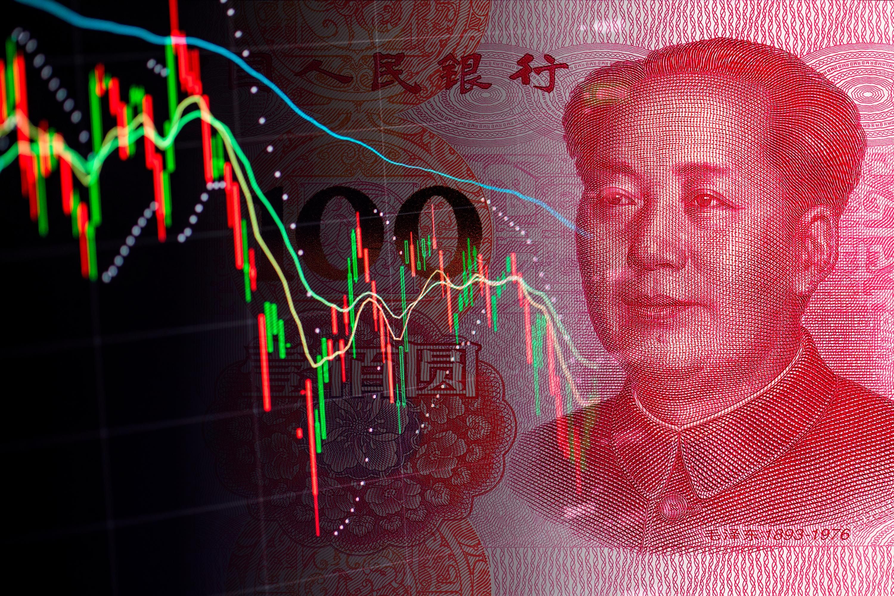 Банкнота номіналом 100 юанів на тлі економічних даних Банкнота номіналом 100 юанів на тлі економічних даних