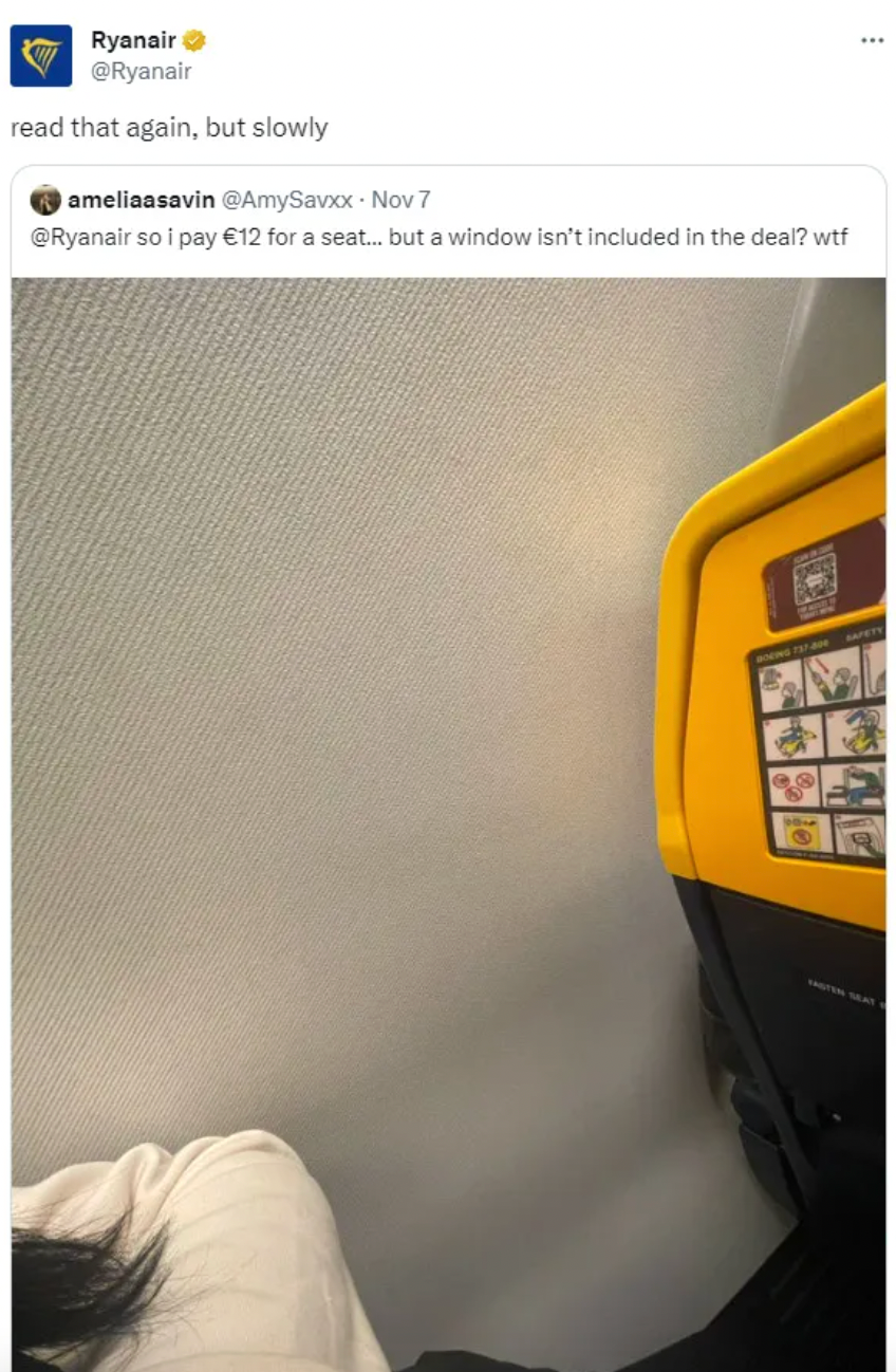 Обурення пасажира, який отримав місце без вікна, та відповідь Ryanair