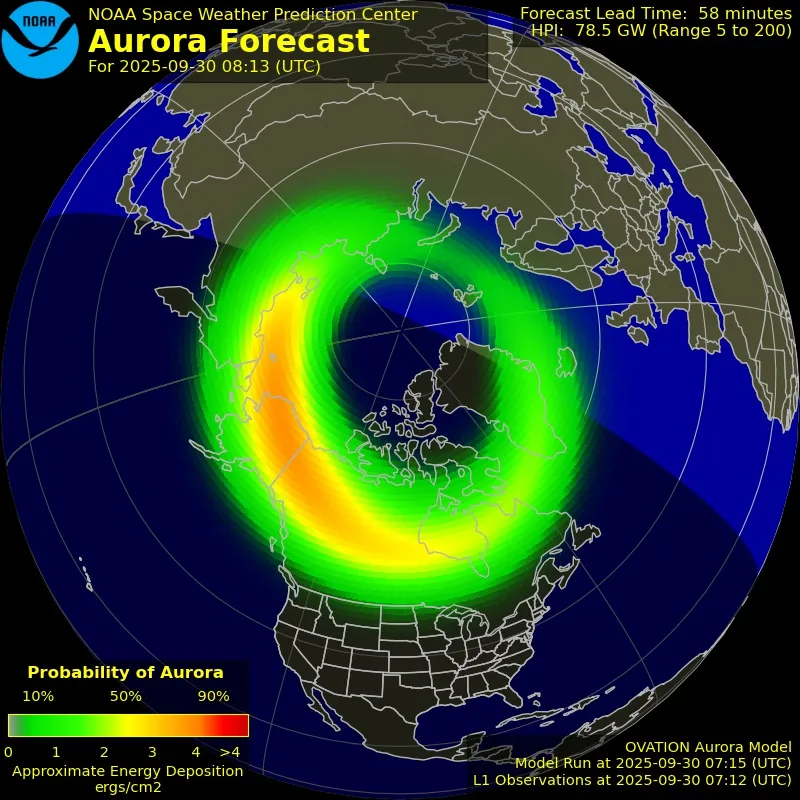 Ця схема показує області планети, де зараз можна бачити північне сяйво, яке є наслідком магнітної бурі 30 вересня