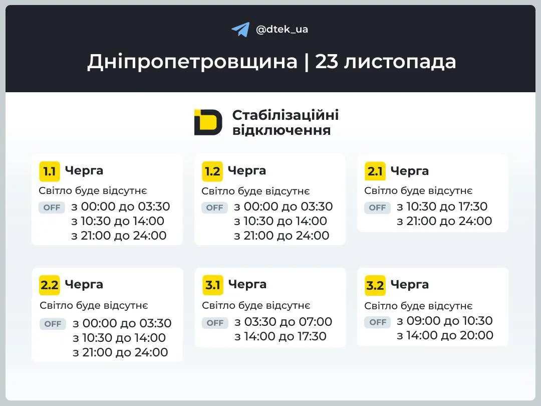 Графики отключений света в Днепропетровской области на 23 ноября