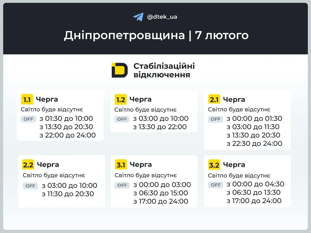 Графік відключень на Дніпропетровщині 7 лютого Графік відключень на Дніпропетровщині 7 лютого