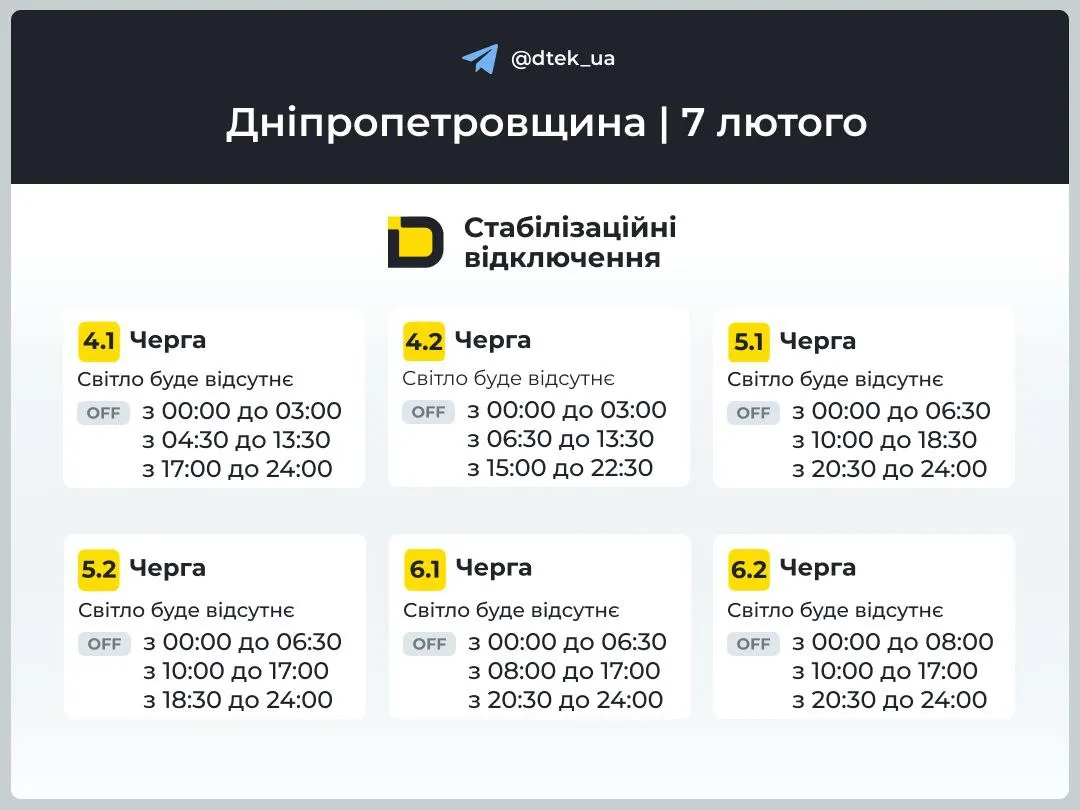 Графік відключень на Дніпропетровщині 7 лютого Графік відключень на Дніпропетровщині 7 лютого