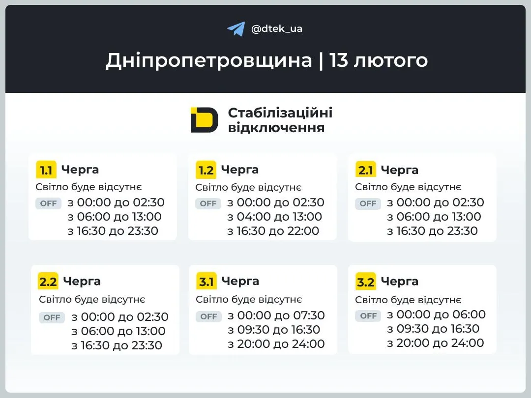 Графики отключений в Днепропетровской области 13 февраля Графики отключений в Днепропетровской области 13 февраля