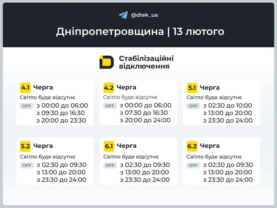 Графики отключений в Днепропетровской области 13 февраля Графики отключений в Днепропетровской области 13 февраля