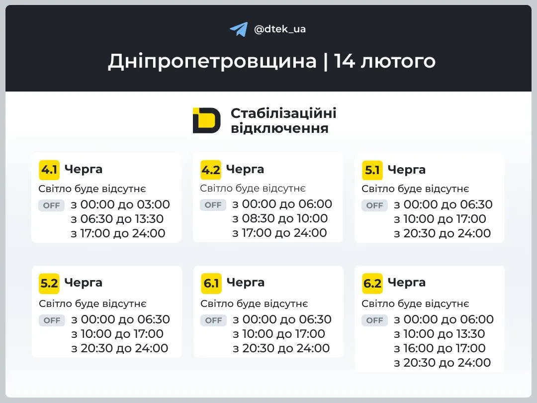 Відключення світла у Дніпропетровській області 14 лютого 2026 року Відключення світла у Дніпропетровській області 14 лютого 2026 року