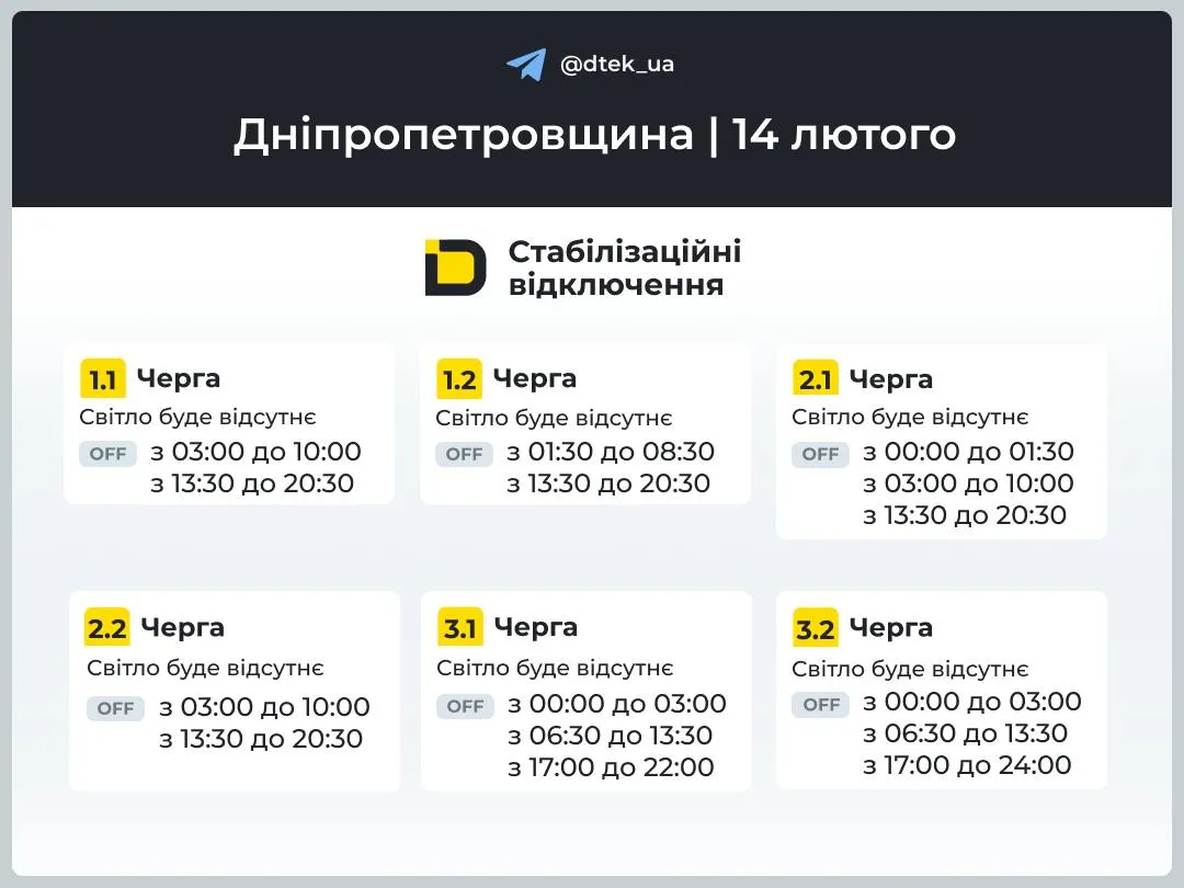 Відключення світла у Дніпропетровській області 14 лютого 2026 року Відключення світла у Дніпропетровській області 14 лютого 2026 року