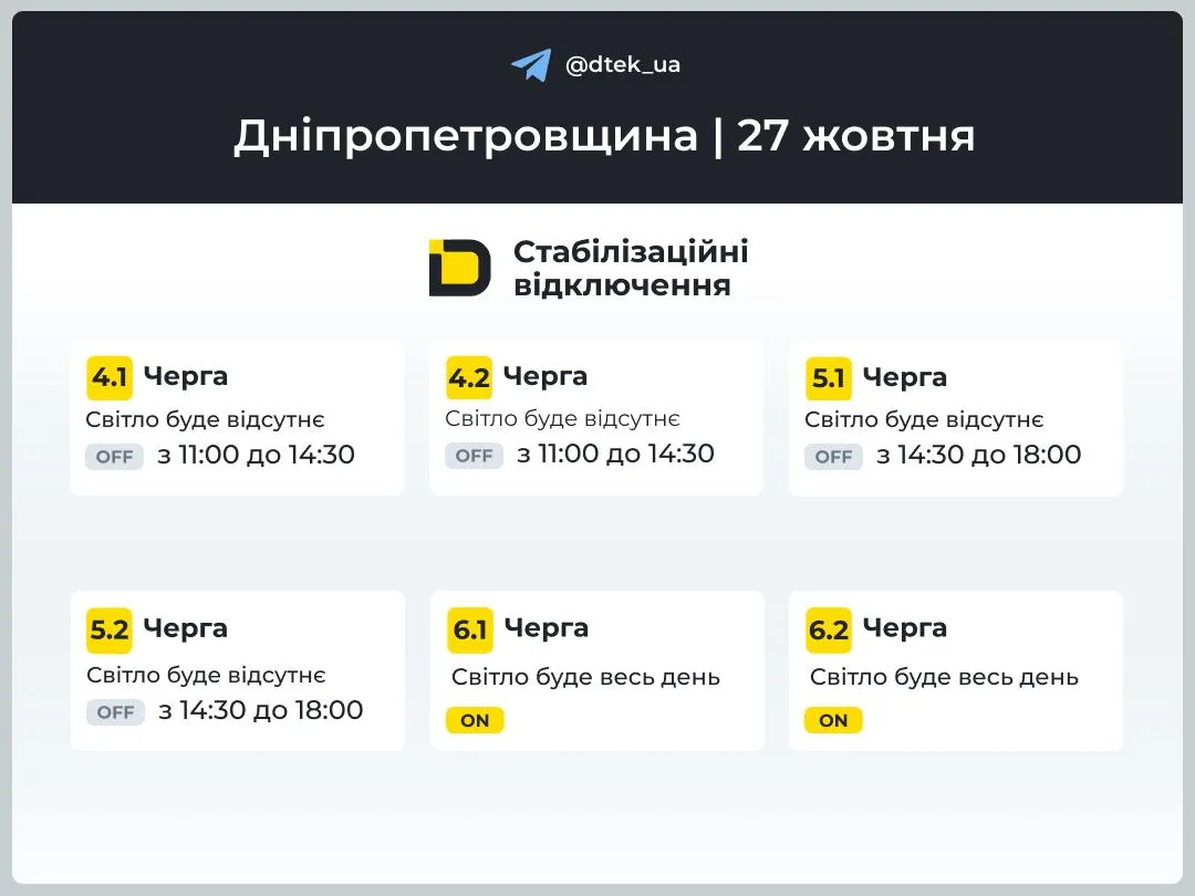 График отключения света на Днепропетровщине