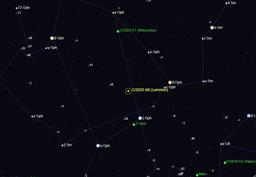 Расположение кометы Леммон в небе 5 ноября 2025 года Расположение кометы Леммон в небе 5 ноября 2025 года