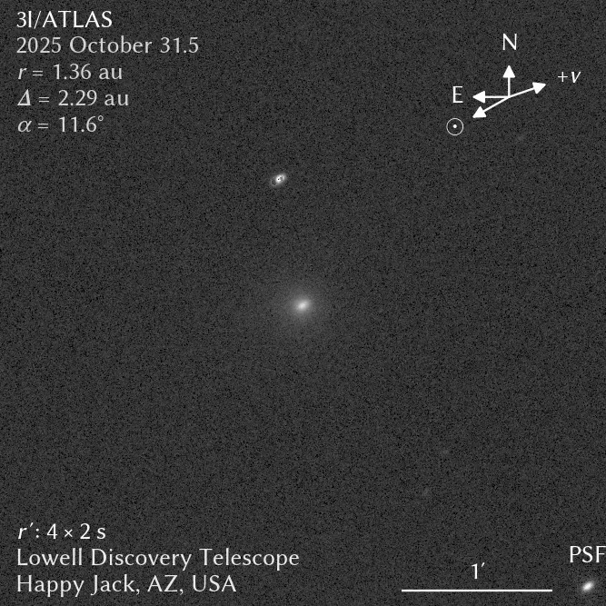 Комета 3I/ATLAS – это яркая белая точка в центре изображения. Точка над ней – это звезда, которая выглядит искаженной из-за движения кометы Комета 3I/ATLAS – это яркая белая точка в центре изображения. Точка над ней – это звезда, которая выглядит искаженной из-за движения кометы