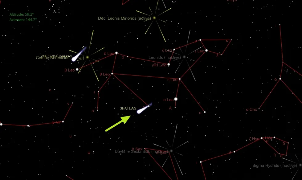 Розташування 3I/ATLAS на небі 19 грудня 2025 року