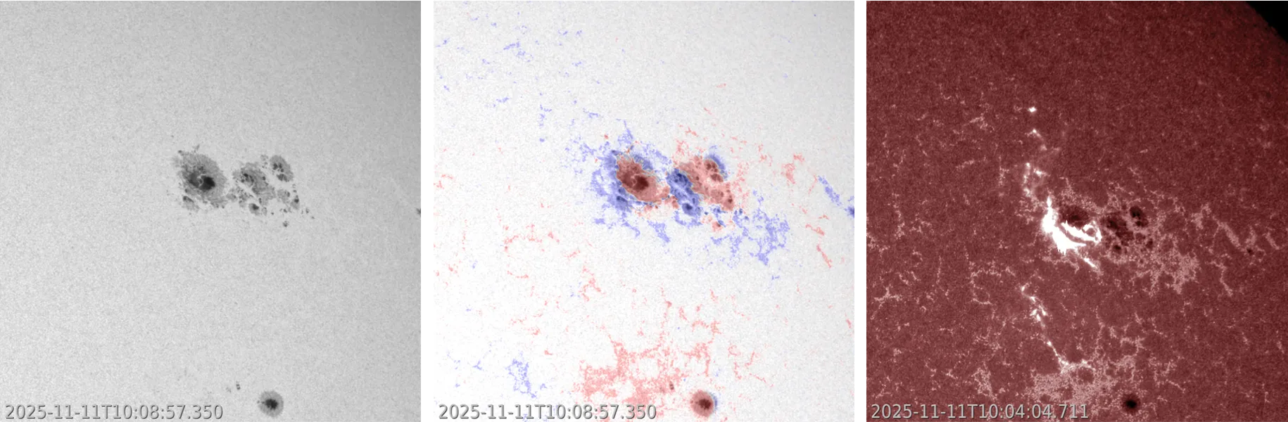 Эта большая группа солнечных пятен все еще имеет очень сложную структуру, как можно увидеть на сравнении
