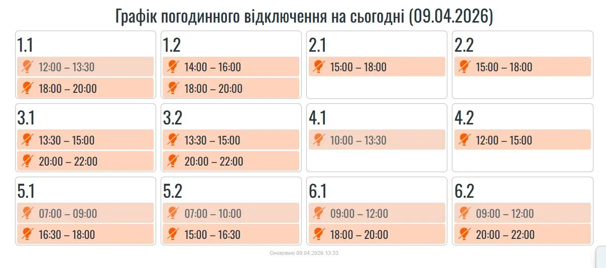 Графік відключень в Івано-Франківській області 9 квітня Графік відключень в Івано-Франківській області 9 квітня