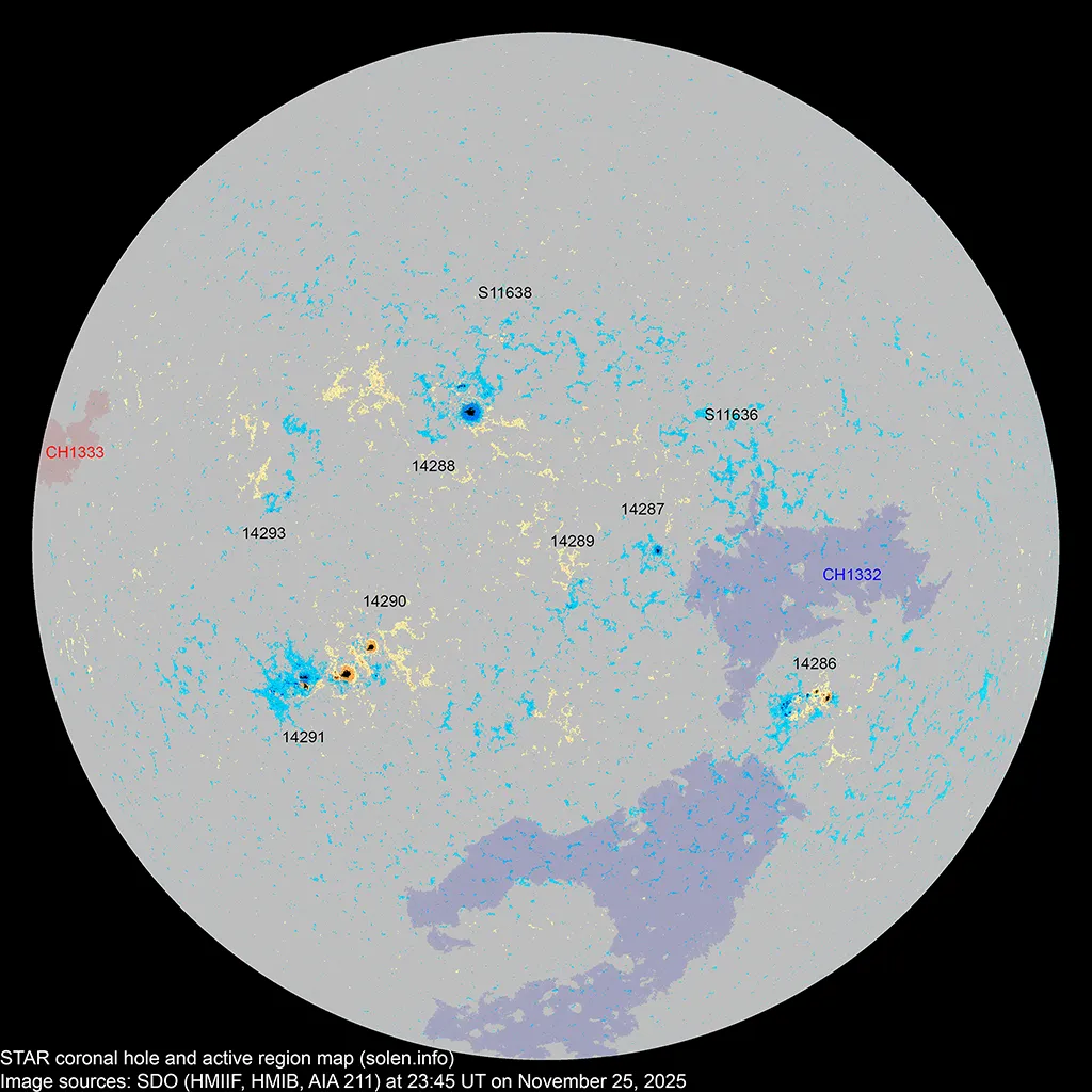 Так выглядит карта солнечных пятен. Они обозначены цифрами, а также голубым и желтым цветами