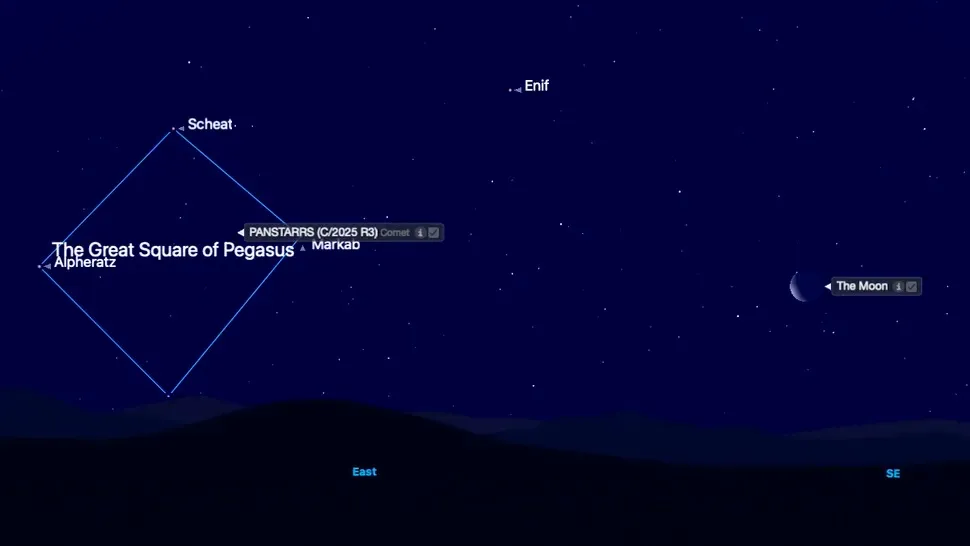 Комета C/2025 R3 (PanSTARRS) за годину до сходу сонця 13 квітня 2026 року з середніх широт Північної півкулі Комета C/2025 R3 (PanSTARRS) за годину до сходу сонця 13 квітня 2026 року з середніх широт Північної півкулі