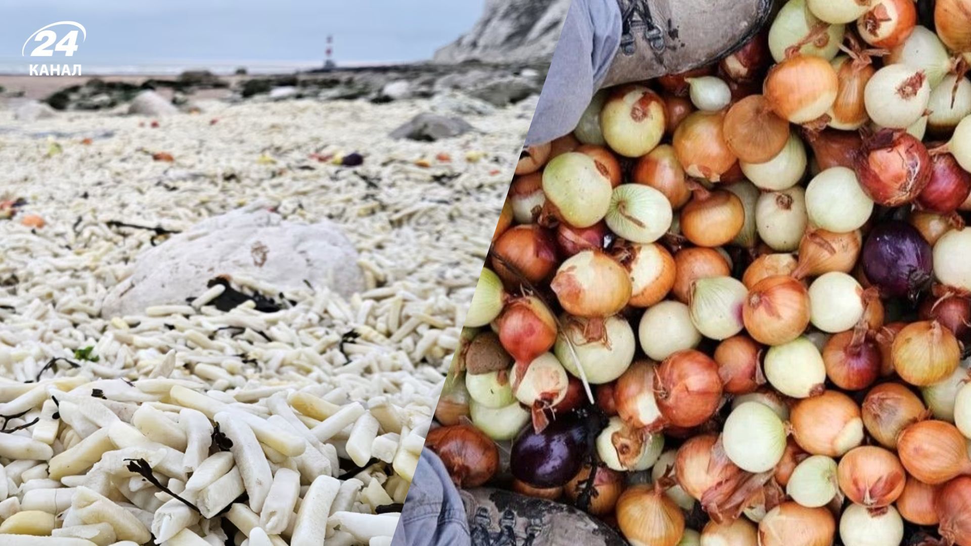 Разбросанная картошка фри и лук на пляже в Англии Разбросанная картошка фри и лук на пляже в Англии