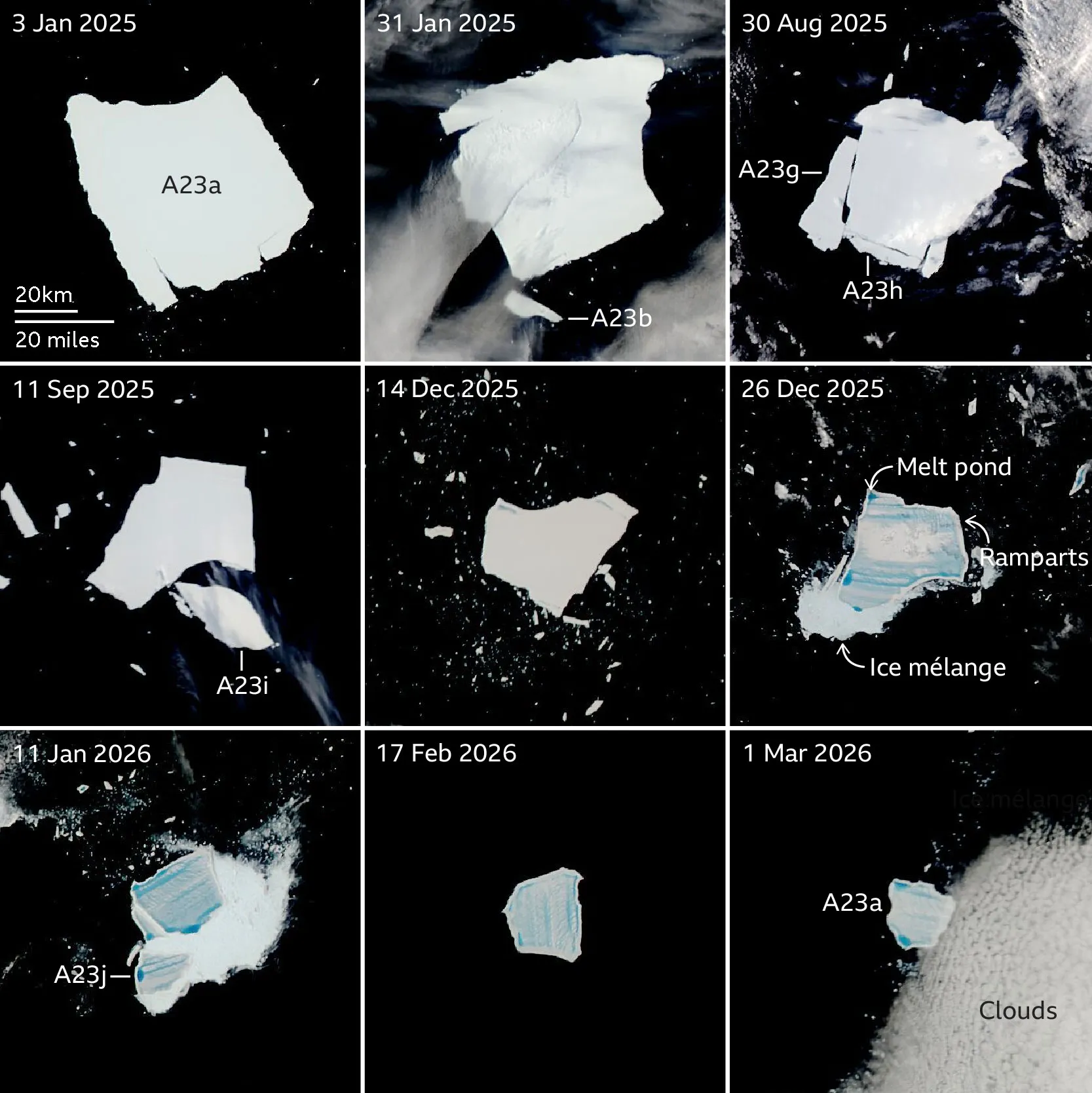 Размеры айсберга A23a в течение длительного времени