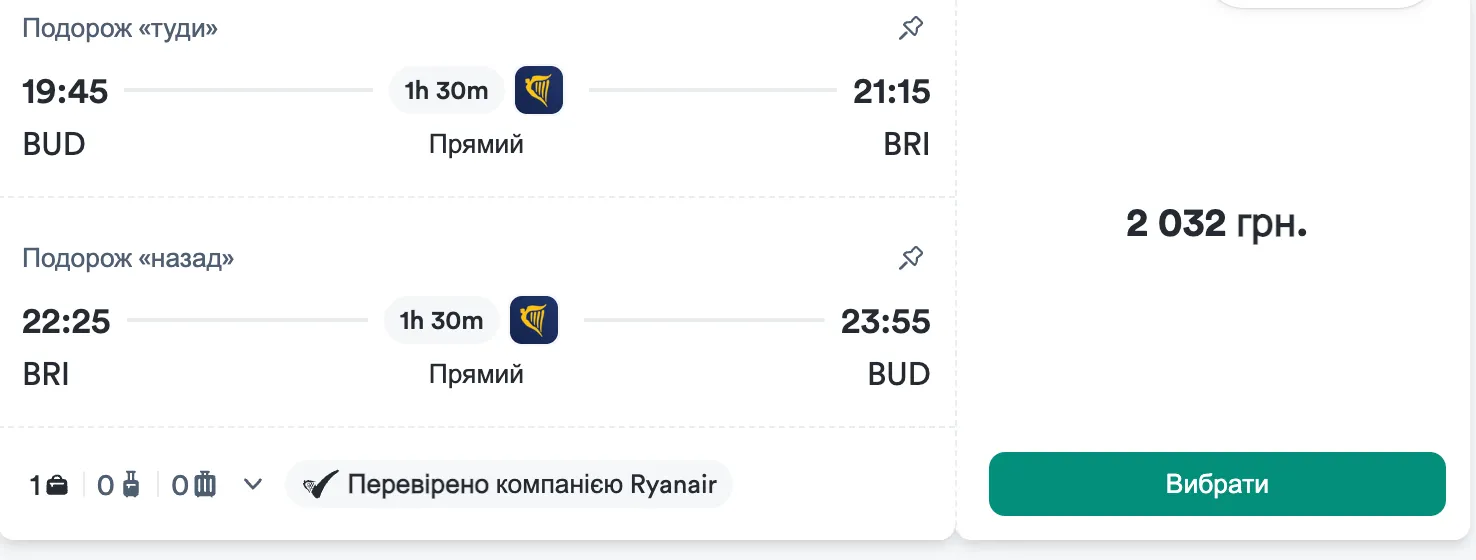 Стоимость перелета на Бари и обратно в Будапешт 