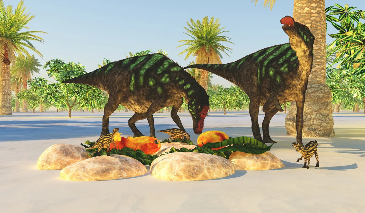Ці комп'ютерні рендери показують Maiasaura peeblesorum біля гнізда Ці комп'ютерні рендери показують Maiasaura peeblesorum біля гнізда