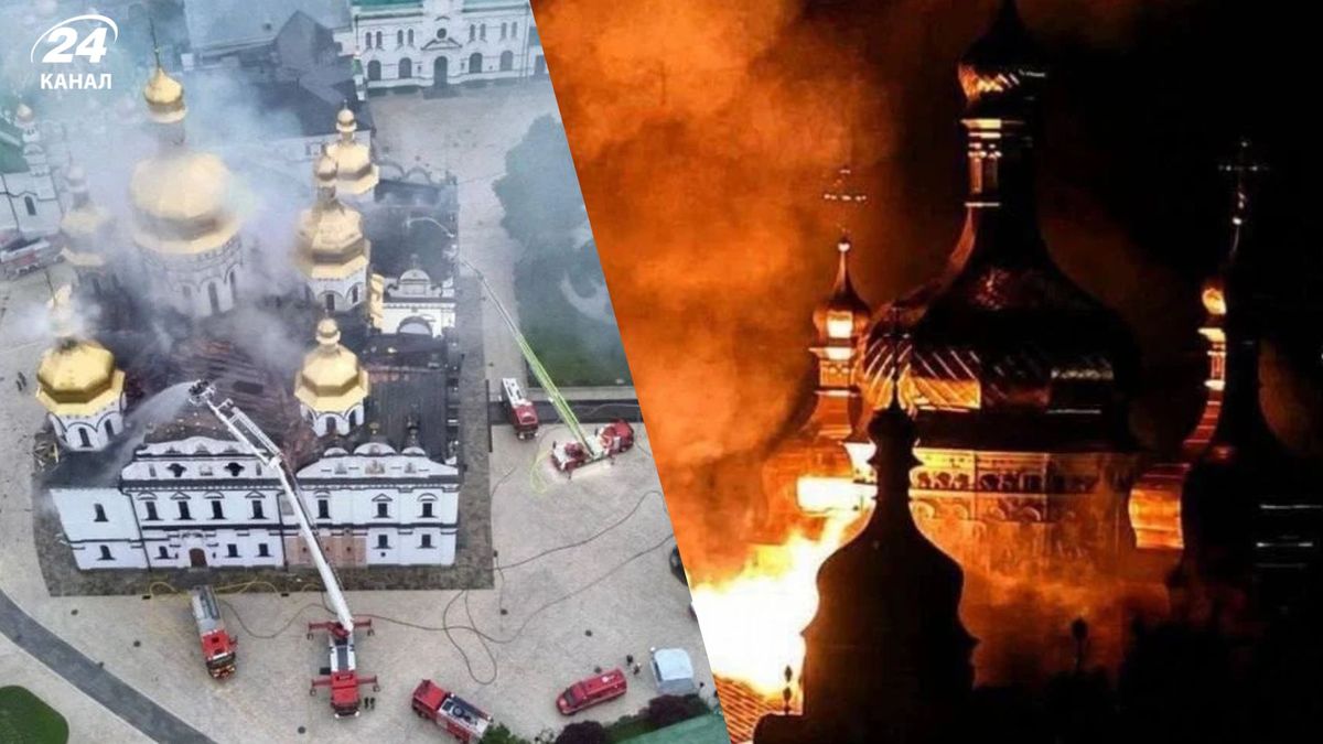 Охоплений полум'ям храм: камери зафіксували момент удару по Успенському собору Лаври