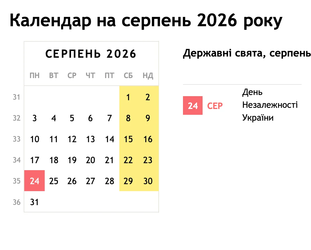 Календарь выходных на август 2026 года