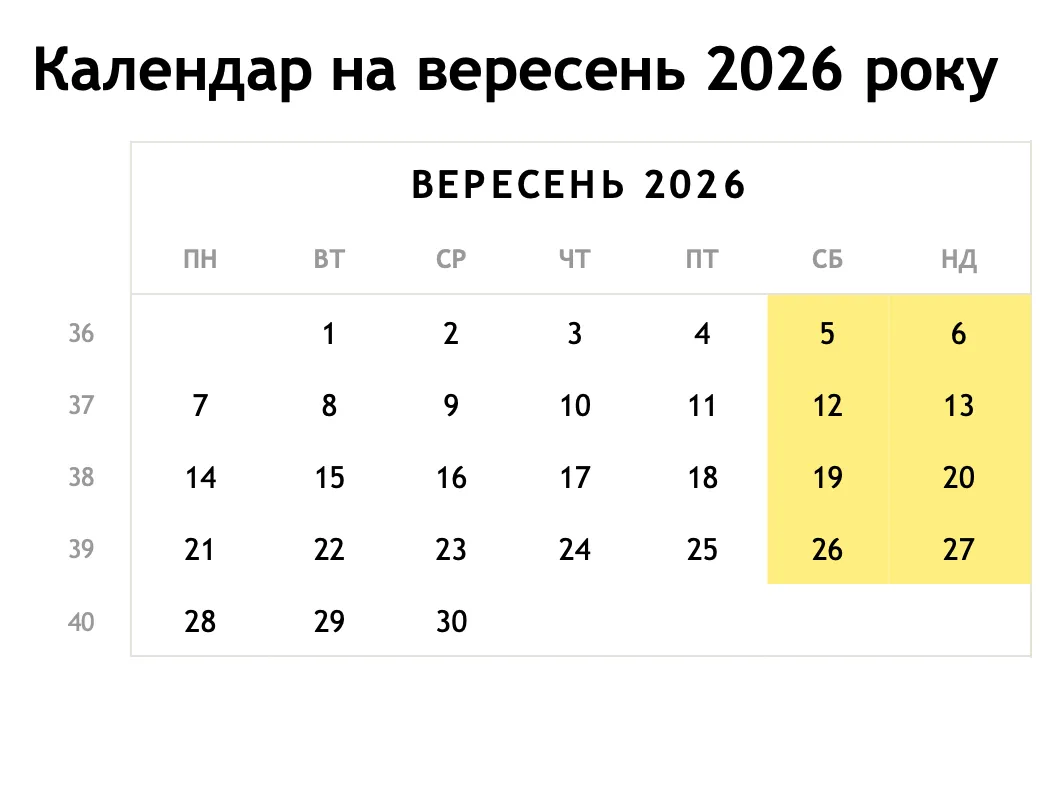 Календар вихідних на вересень 2026 року Календар вихідних на вересень 2026 року