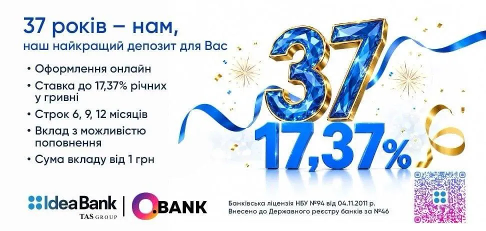 Ідея Банк до свого 37-річчя пропонує депозит "Акційний" із річною ставкою до 17,37%