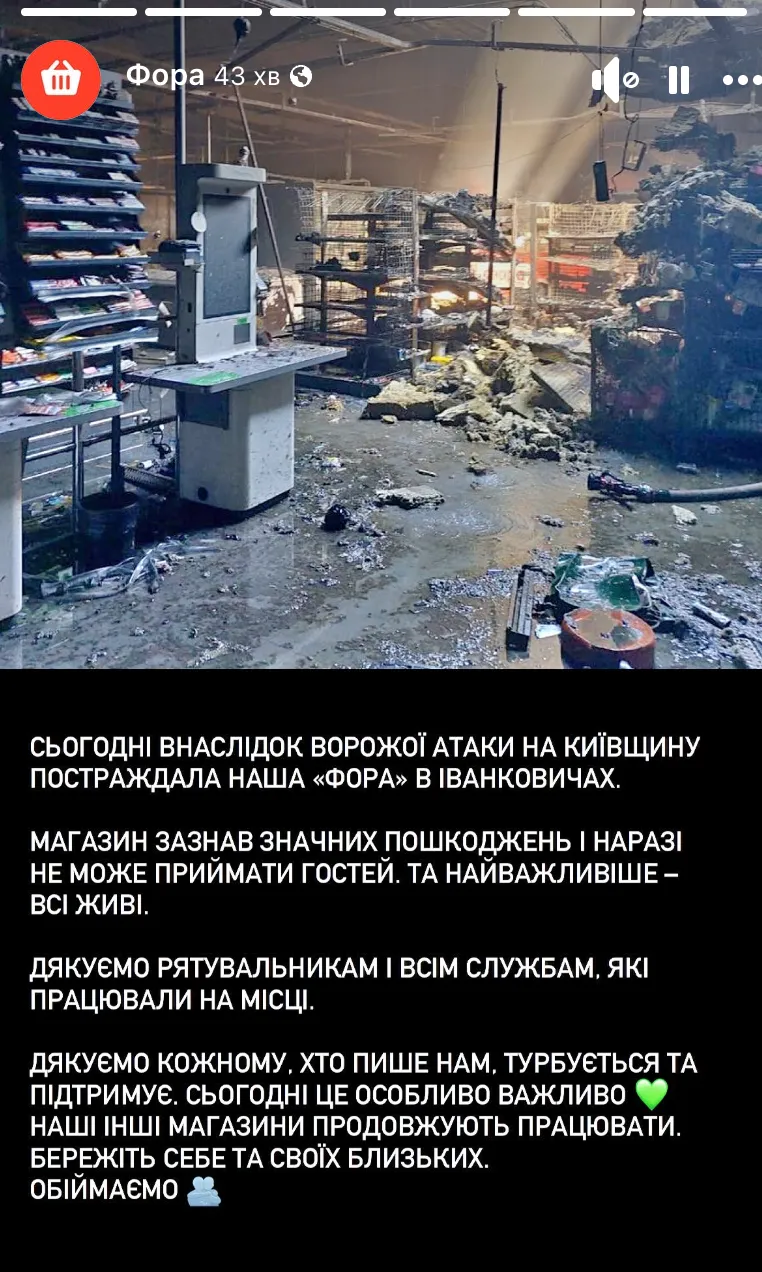 "Наразі не може приймати гостей": Росія атакувала магазин на Київщині