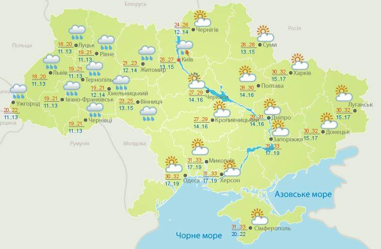 Запад Украины охватят мощные ливни, на Юге жара не отступает