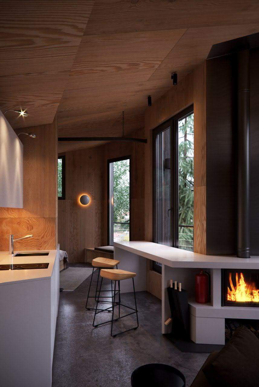 Уютная кухня с барной стойкой в ​​стиле скандинавский минимализм